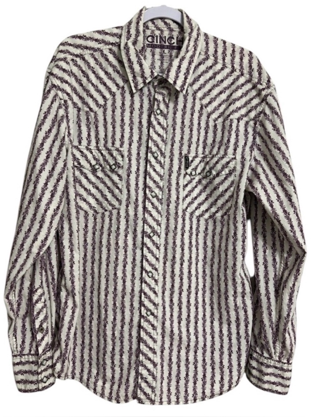 Cinch Modern Fit Western Snap Shirt - Men's Large - Purple & White Floral Stripe
